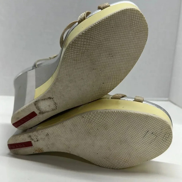 Prada Wedges T-Strap Open Toe High Heel Shoes Leather Yellow Silver Size 38 US 8 - Picture 10 of 12